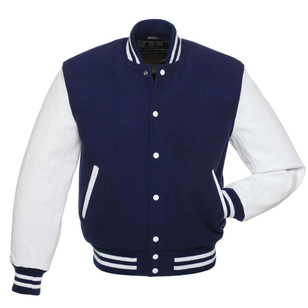 Navy Wool and White Leather Varsity Jacket